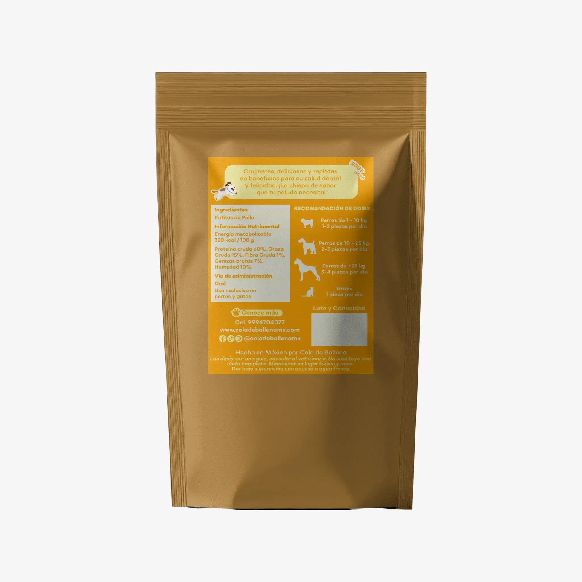 Empaque de patitas de pollo deshidratas como carnaza natural para perros y gatos