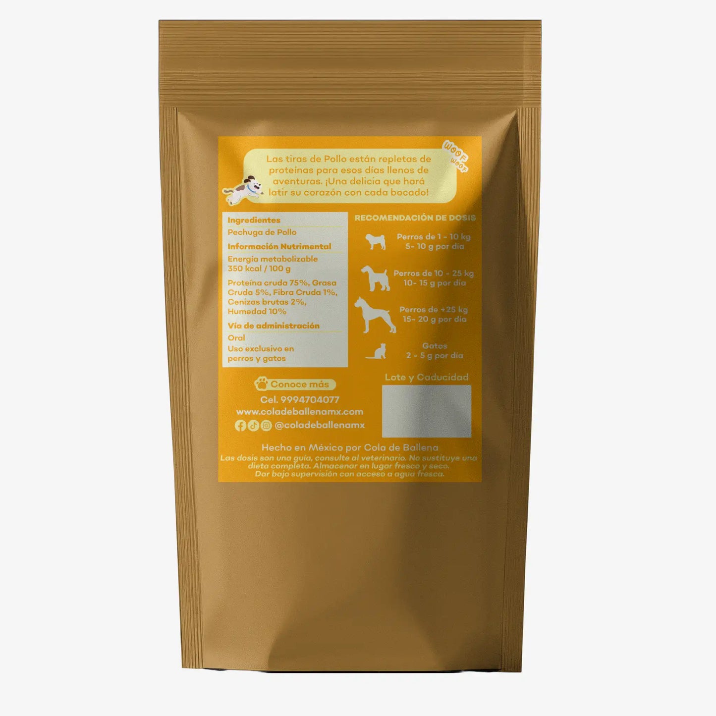 Empaque de pechuga de pollo natural deshidratado como premio o snack para perros y gatos